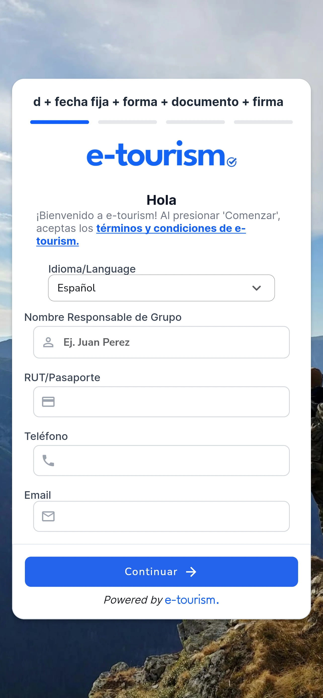 Vista de relleno de datos personales por parte del participante