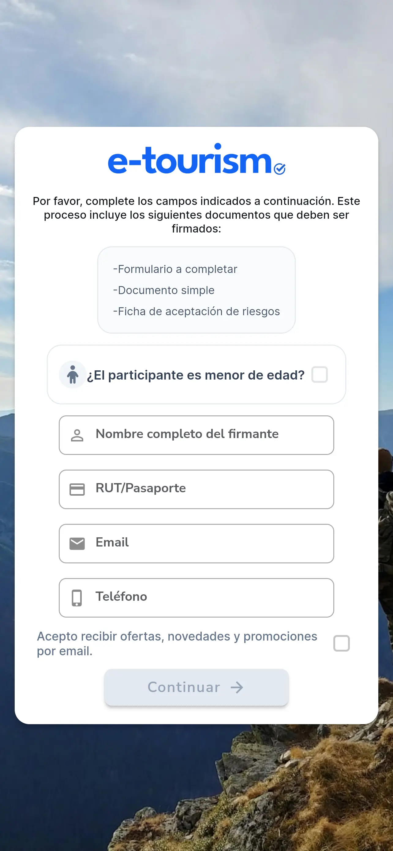 Vista de relleno de datos personales por parte del participante