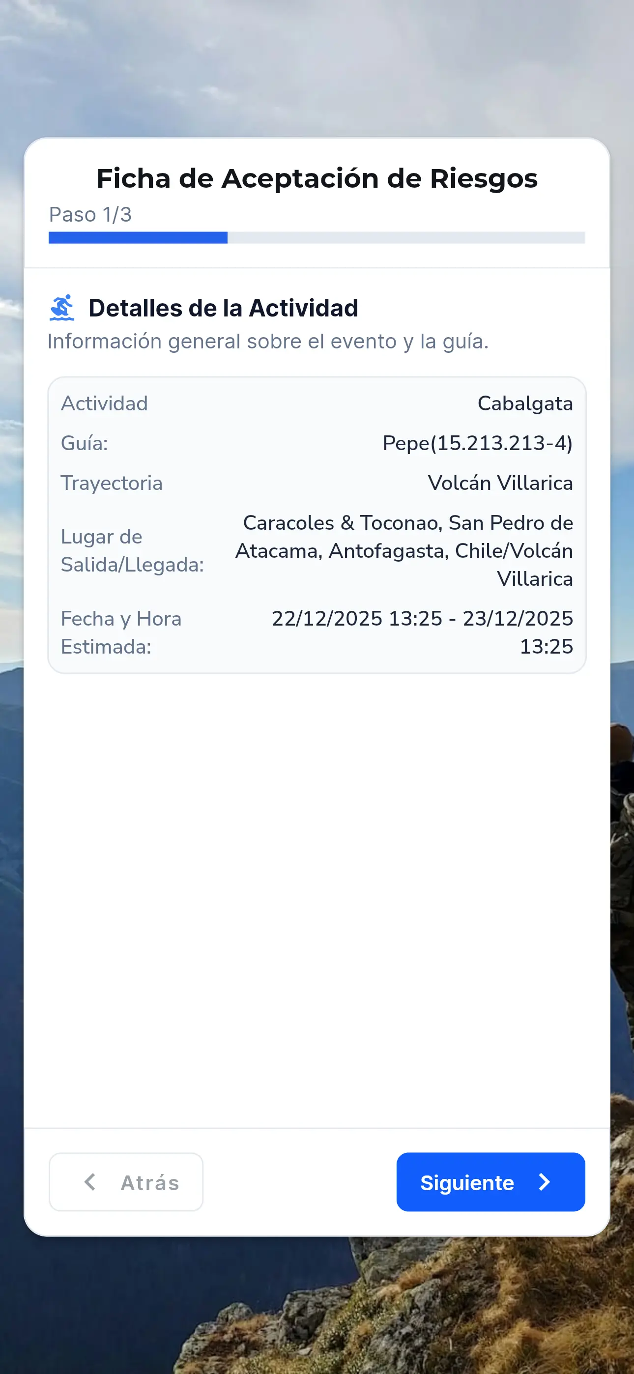 Vista previa de los detalles de la actividad